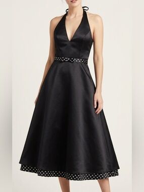 JESSICA MCCLINTOCK FOR GUNNE SAX Black Satin White Polka Dot Trim Halter Dress